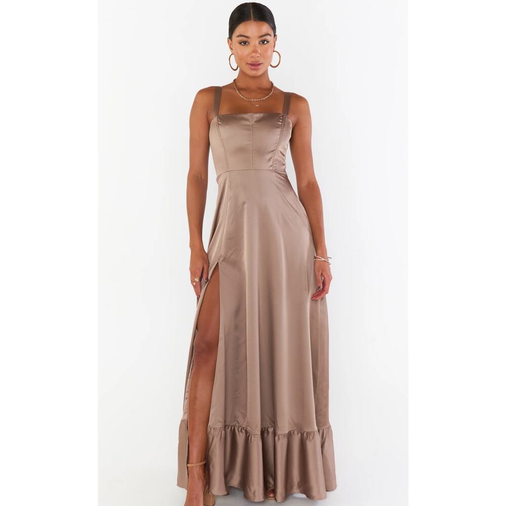 NWT SMY MuMu Size Medium Clarissa Corset Dress Dune Luxe Satin Brown Wedding - Picture 3 of 11